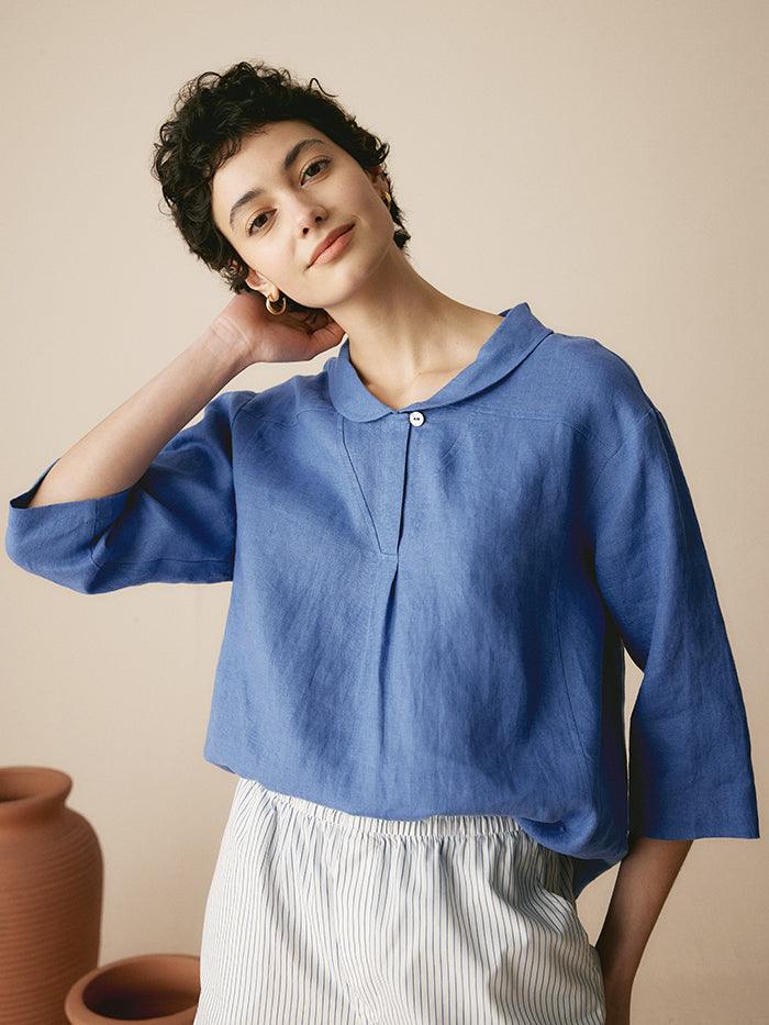 100% Linen Stripe Shawl V-Neck Half Sleeve Top JADE