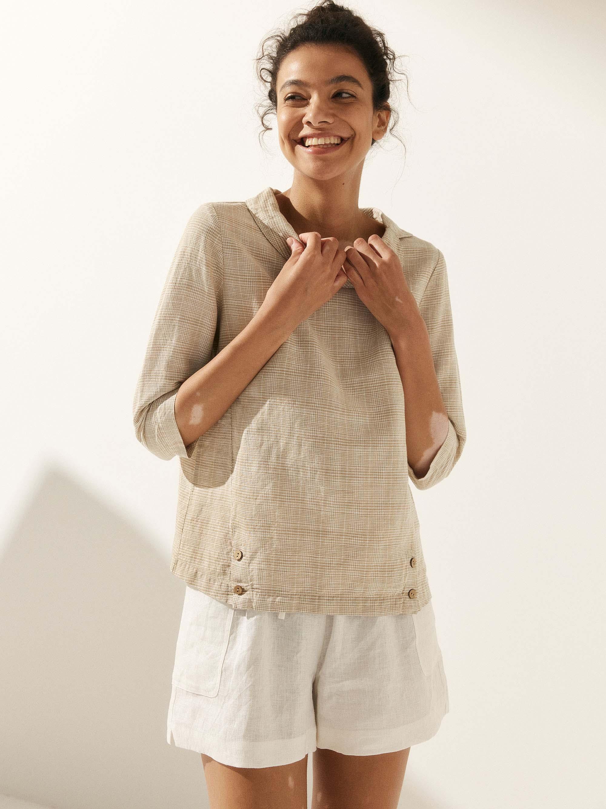 Linen Gingham Checked Round Soft-Fold Collar Top LAURA