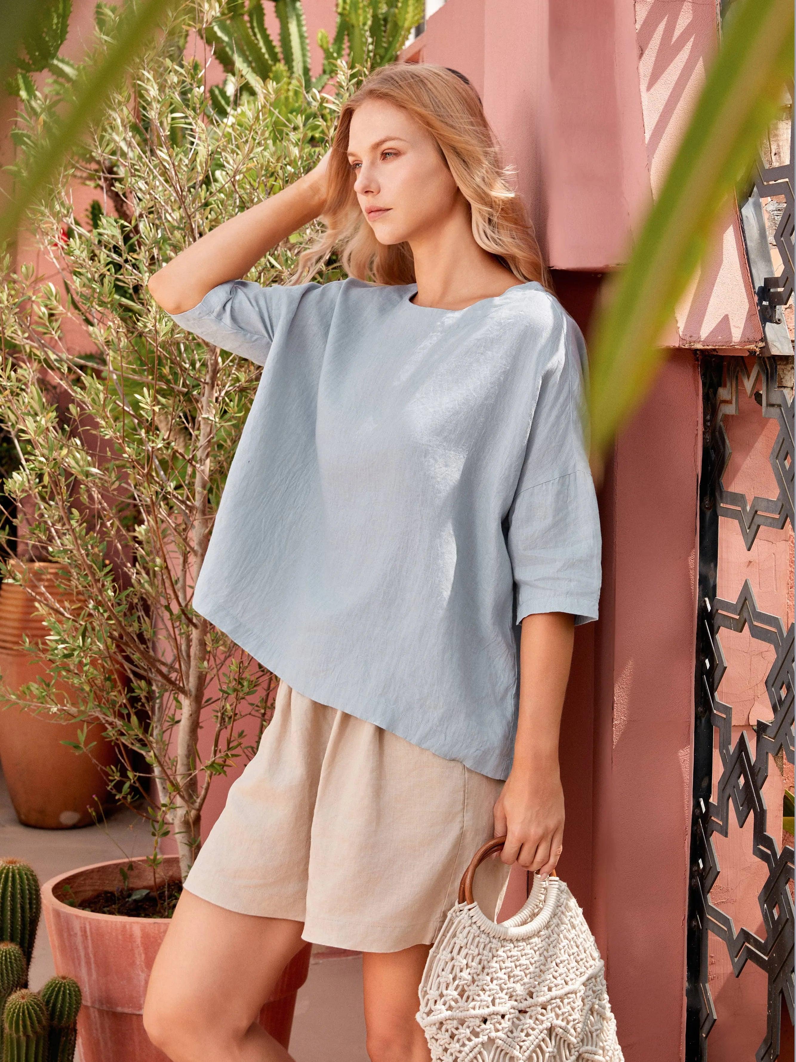 100% Linen Boatneck 3/4 Length Sleeve Top AURORA