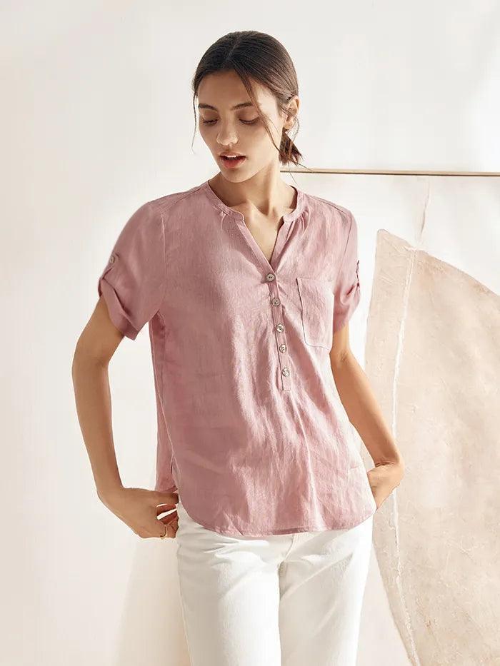 100% Linen Gathered-Neck Shirt URSULA