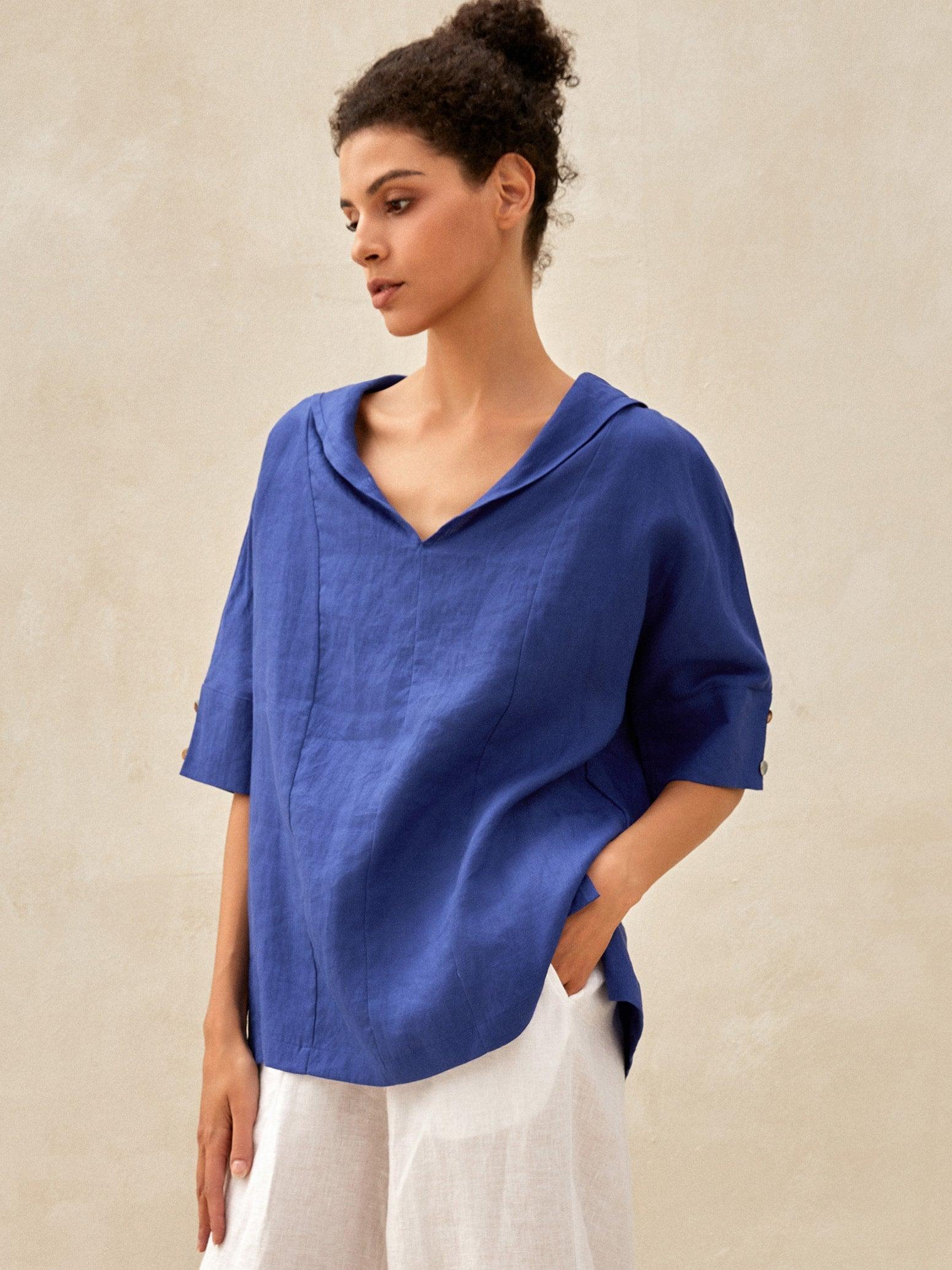 Linen V Neck Short Sleeve Shirt SIERRA