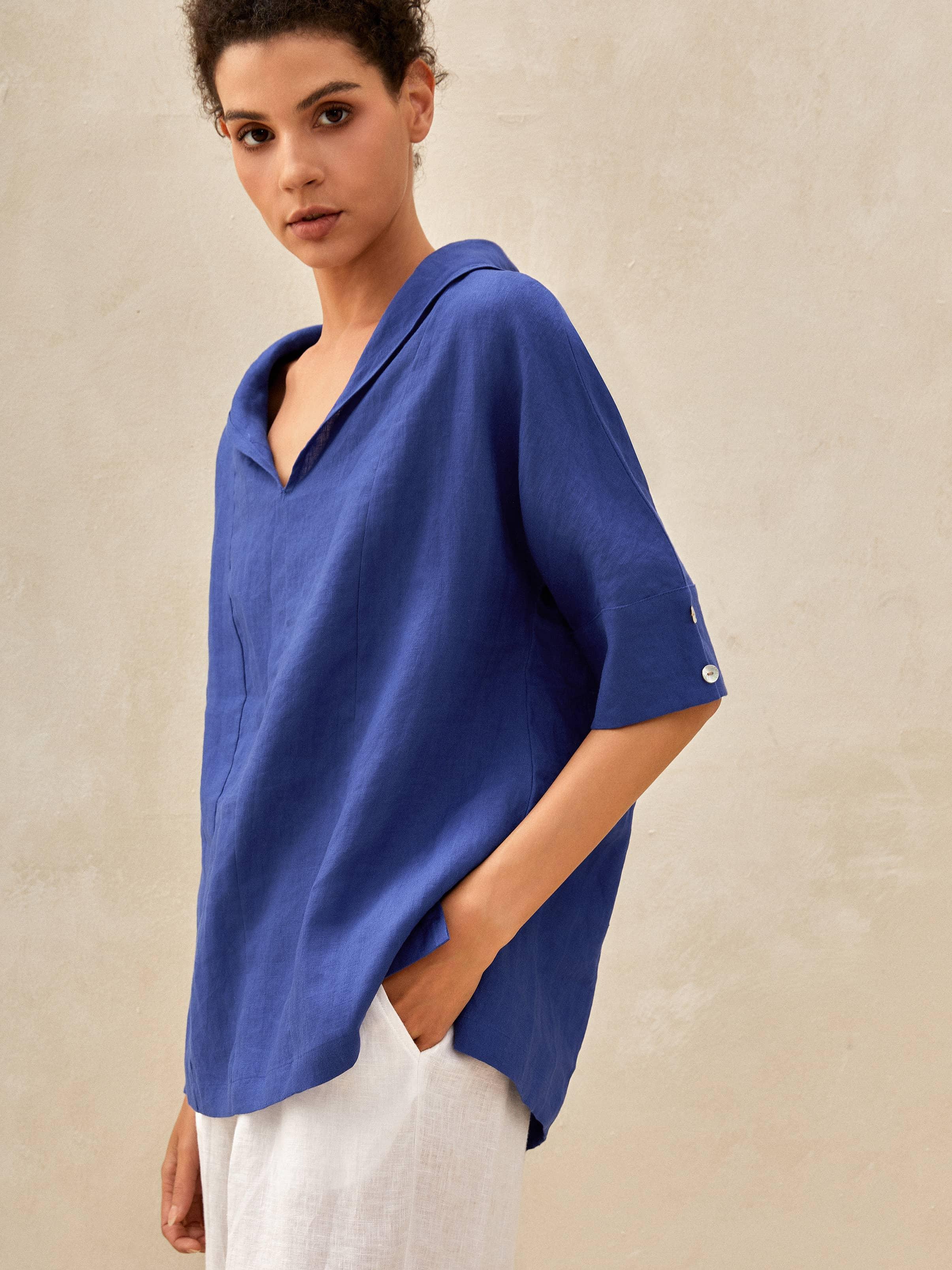 Linen V Neck Short Sleeve Shirt SIERRA