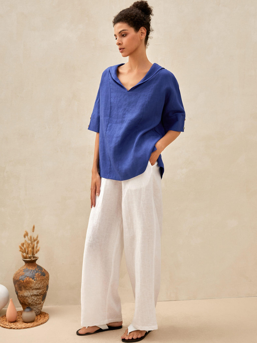 Linen V Neck Short Sleeve Shirt SIERRA