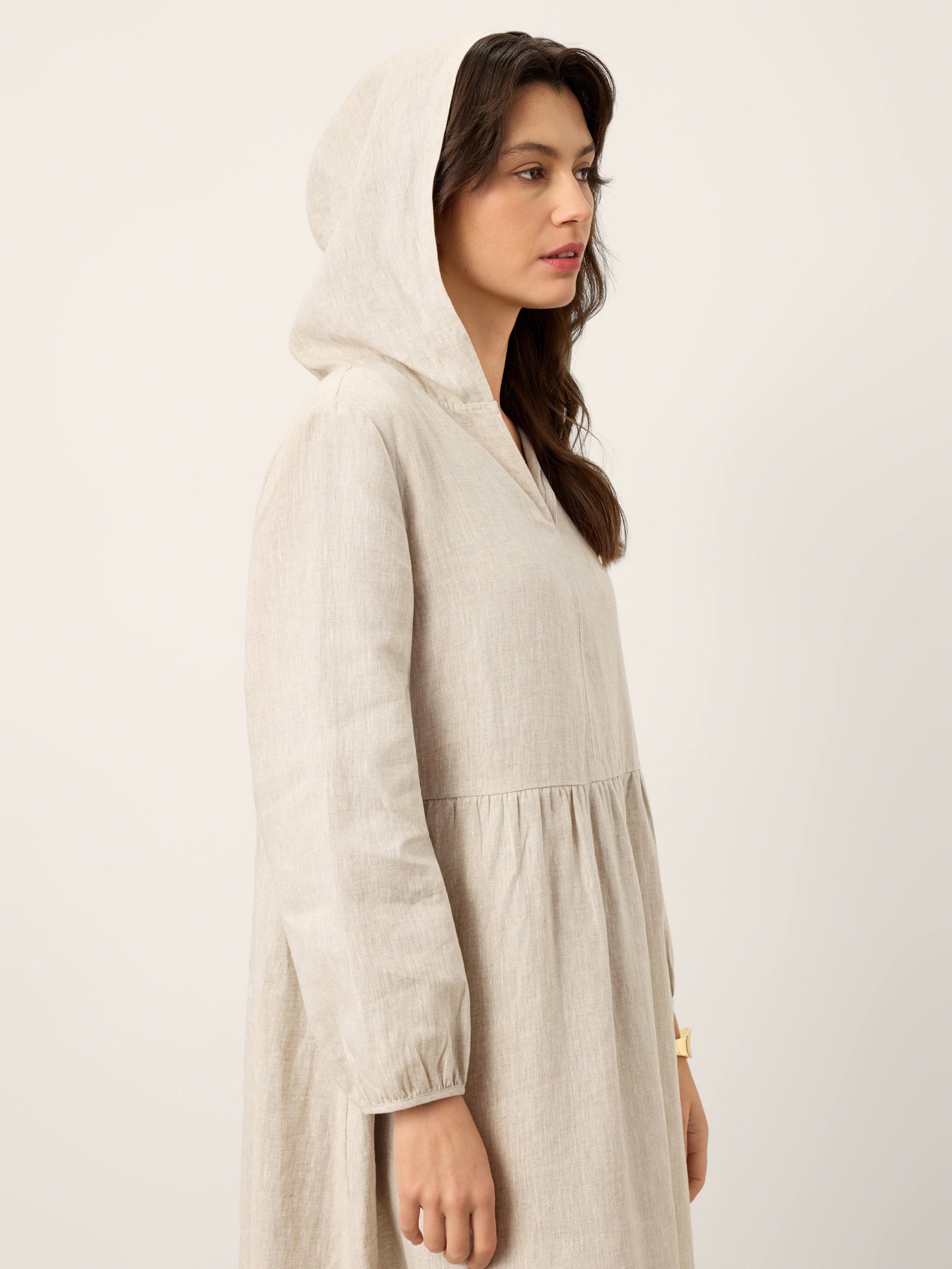 100% Linen Sculpted-Hood Caftan Maxi Dress LINETTE