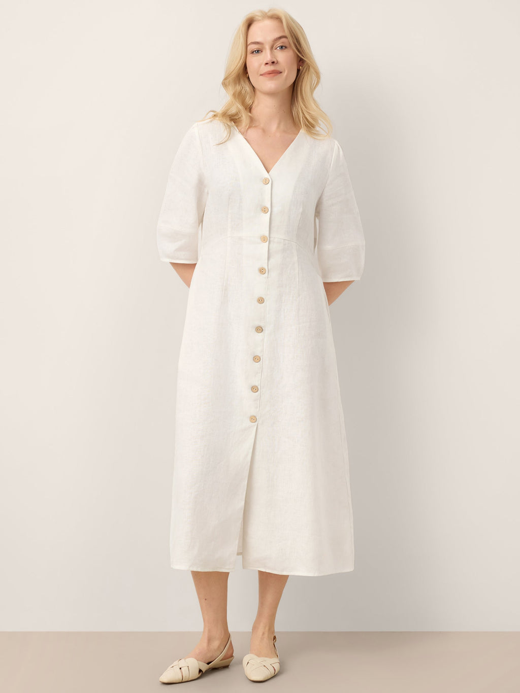 100% Linen Button-Front Lantern Sleeve Elasticated Waist Midi Dress LINNEA