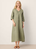 100% Linen Center Pleat V-Neck Cuffed Sleeve Maxi Dress ZENOBIA