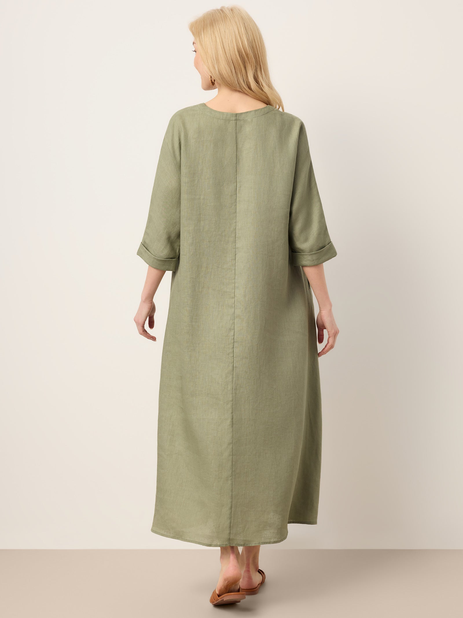 100% Linen Center Pleat V-Neck Cuffed Sleeve Maxi Dress ZENOBIA