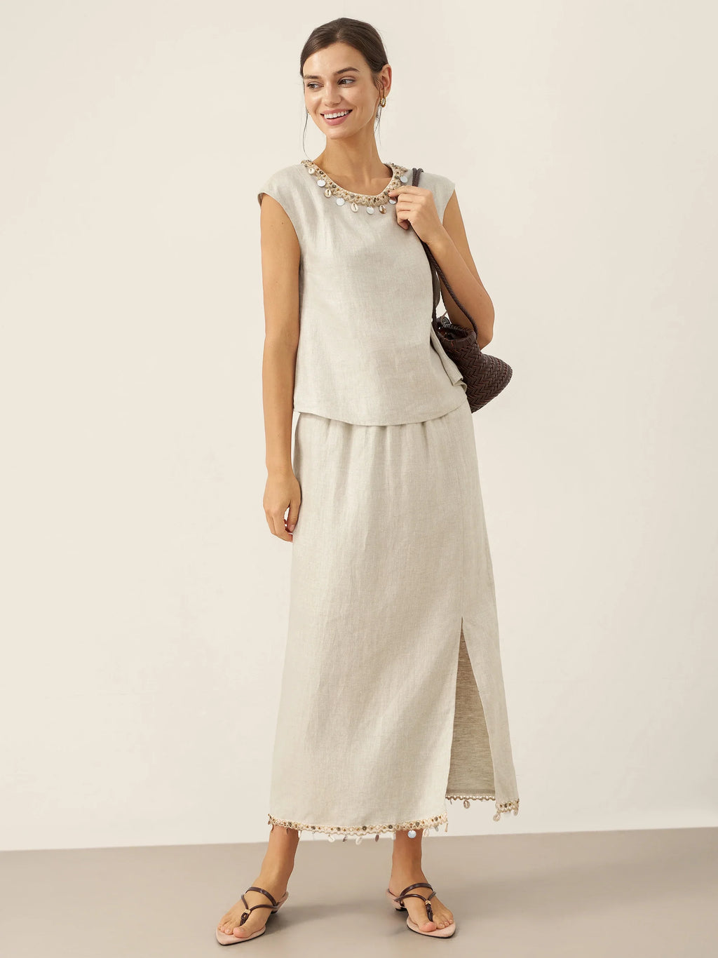 100% Linen Elastic Waist Beaded Skirt BIAN