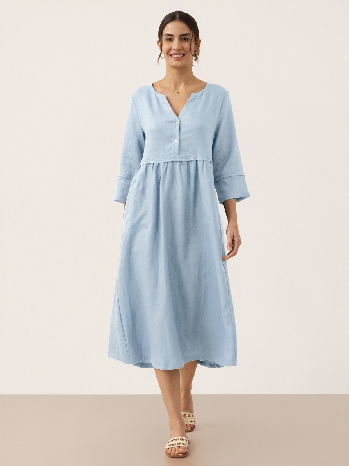 100% Linen Loose Fit Button Waist Gathered Maxi Dress LUNA