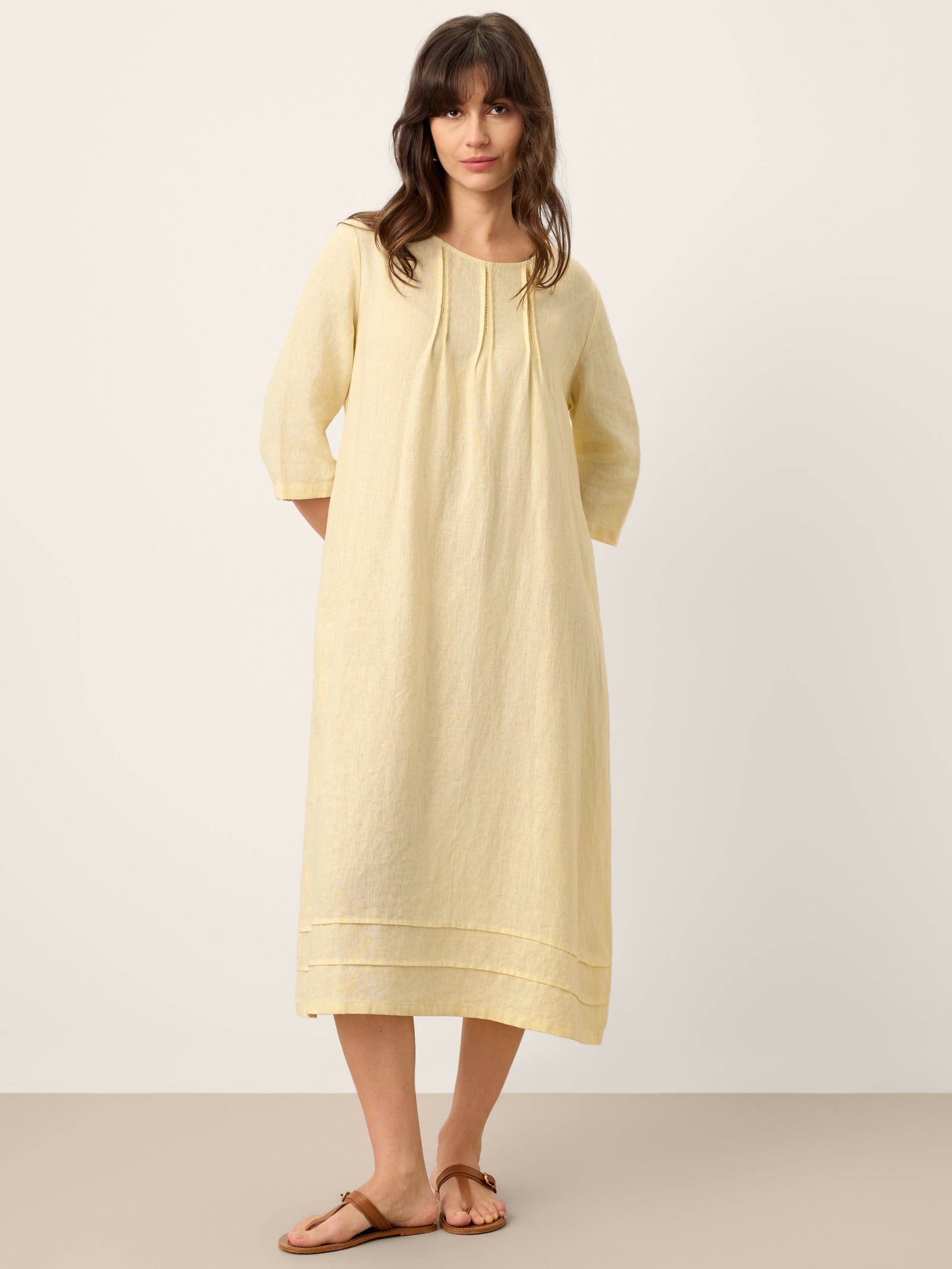 100% Linen Pintucked Embroidered Adjustable Belt Tiered Maxi Dres VERENA