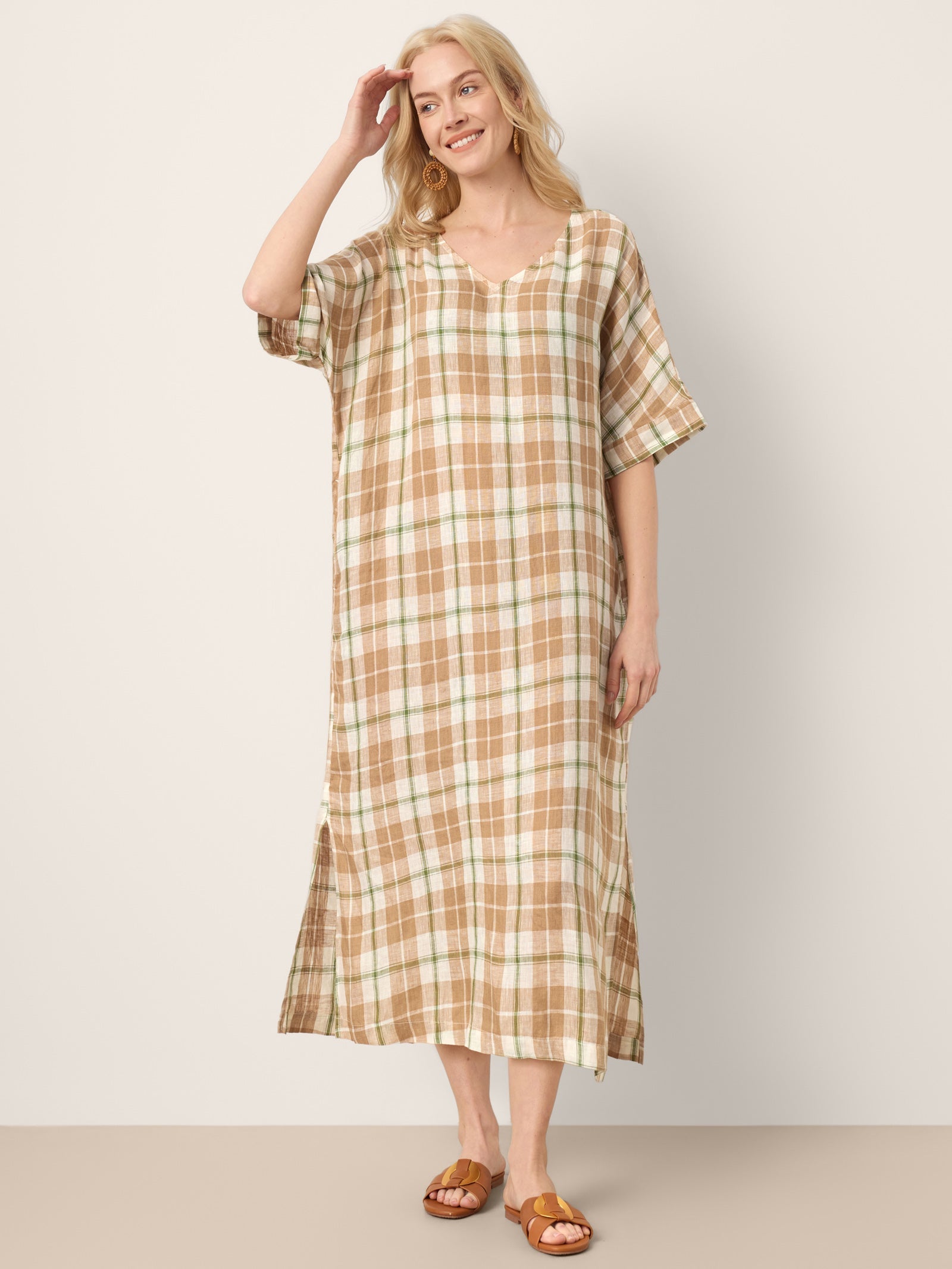 100% Linen Plaid Deep V-Neck Drop Shoulder Side Slit Maxi Dress LESLIE