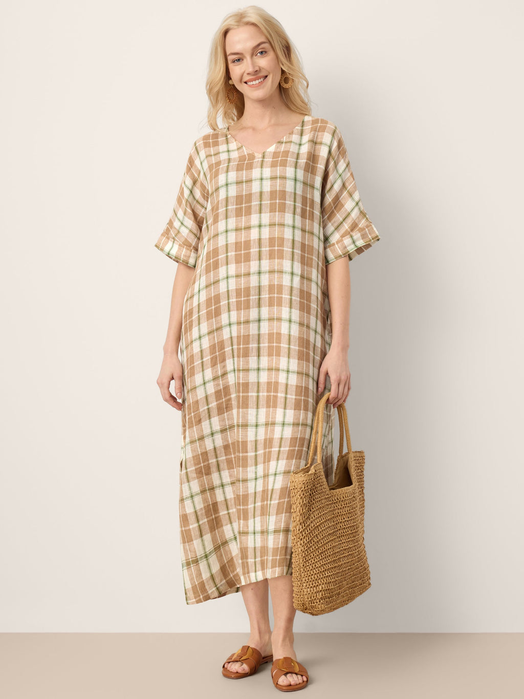 100% Linen Plaid Deep V-Neck Drop Shoulder Side Slit Maxi Dress LESLIE