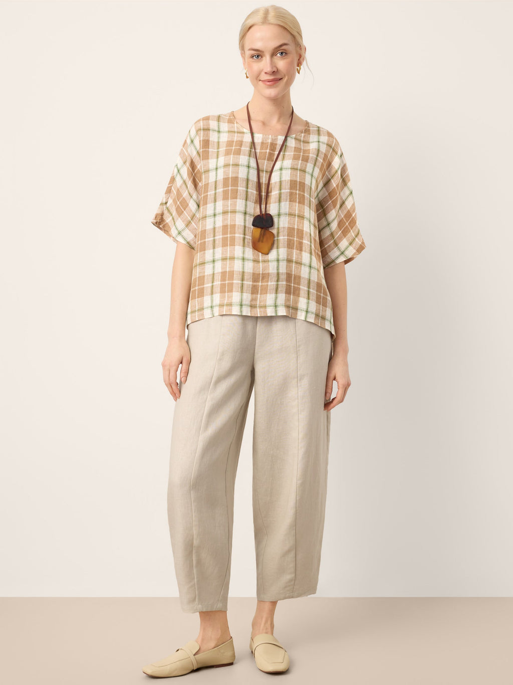 100% Linen Plaid Drop Shoulder Side Slit Top LORNA