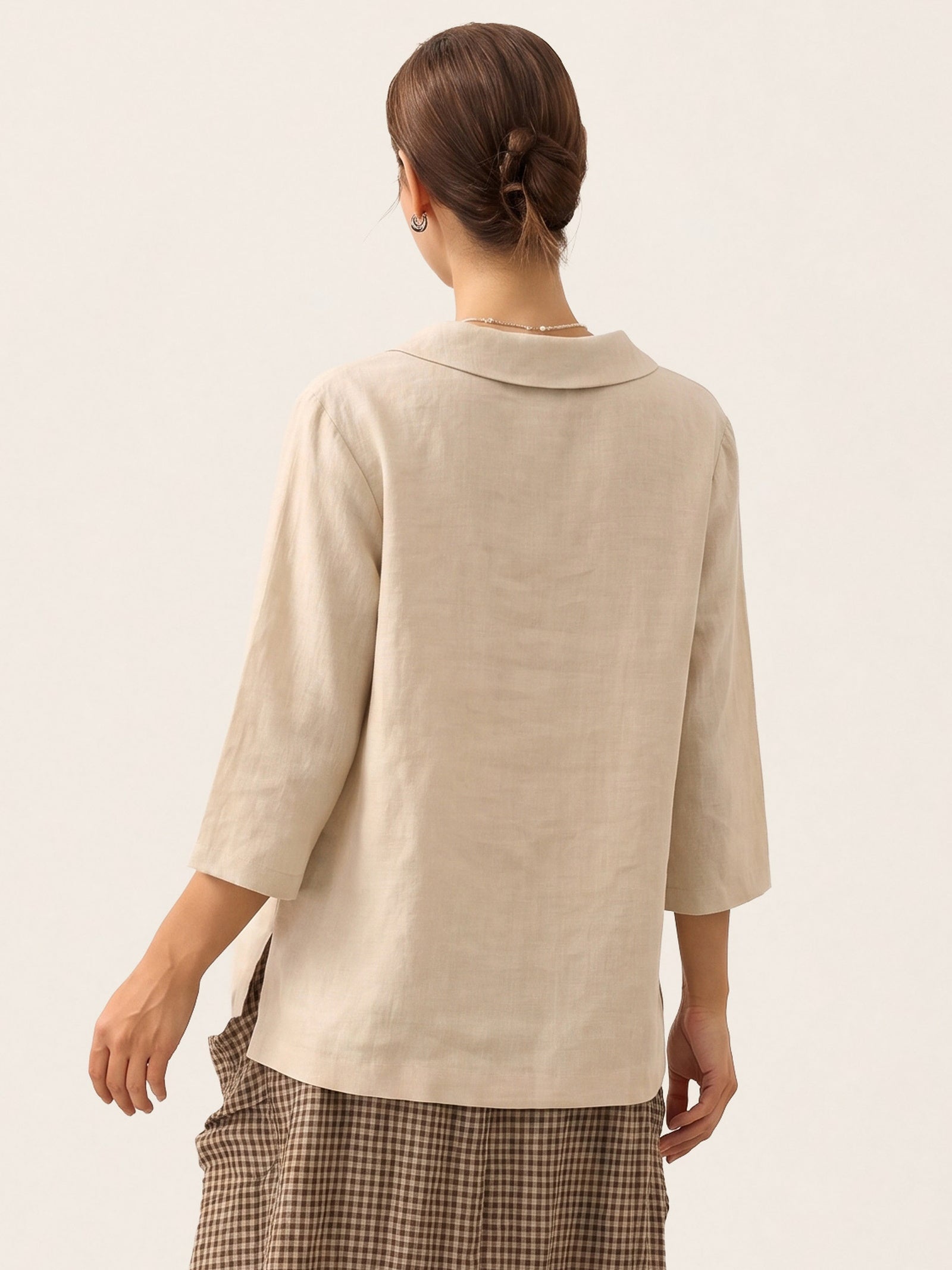 100% Linen Stripe Shawl V-Neck Half Sleeve Top JADE