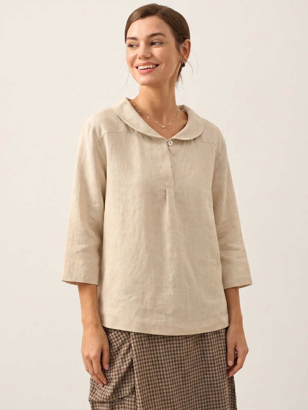 100% Linen Shawl V-Neck Half Sleeve Top JADE