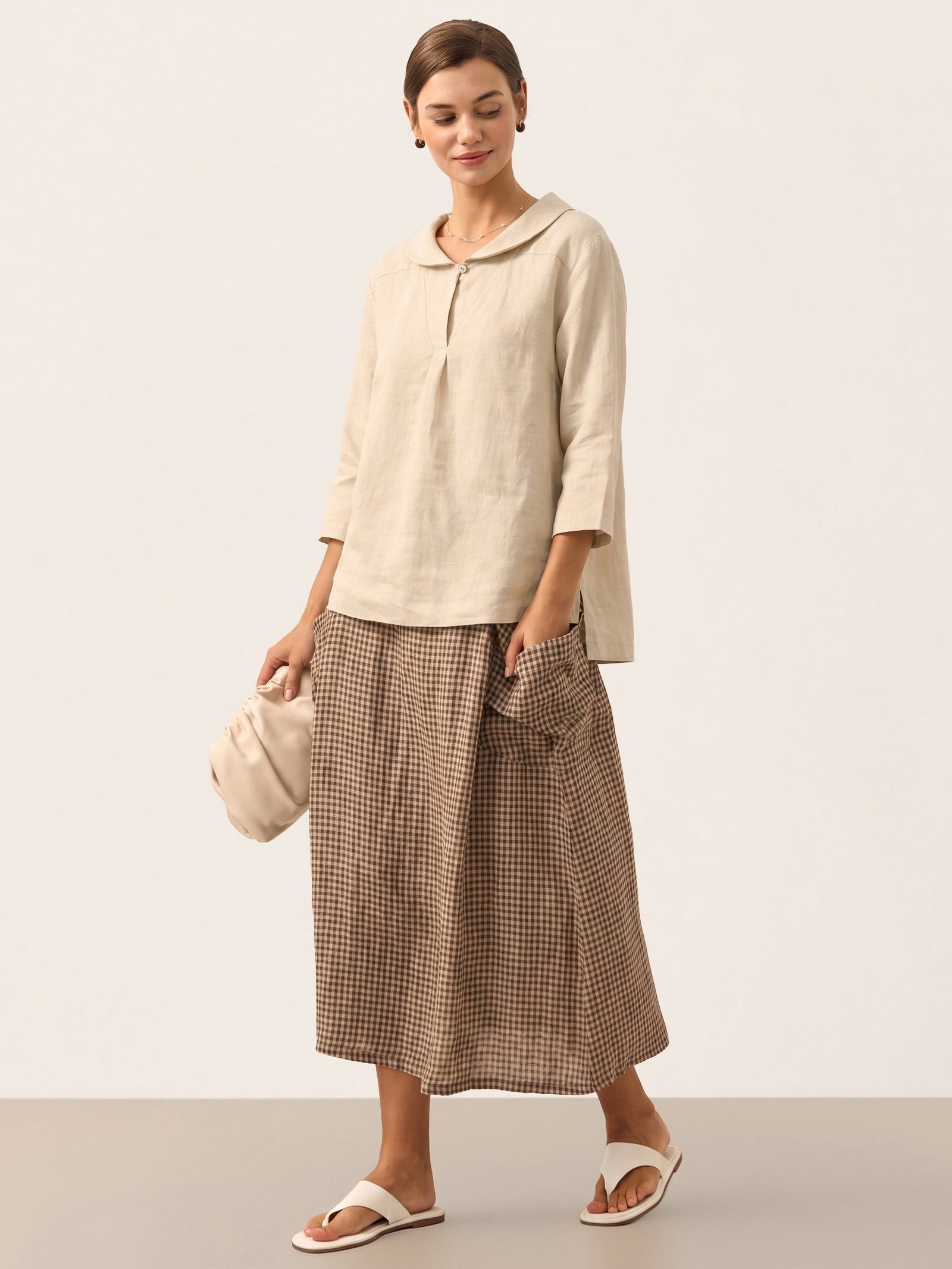 100% Linen Shawl V-Neck Half Sleeve Top JADE