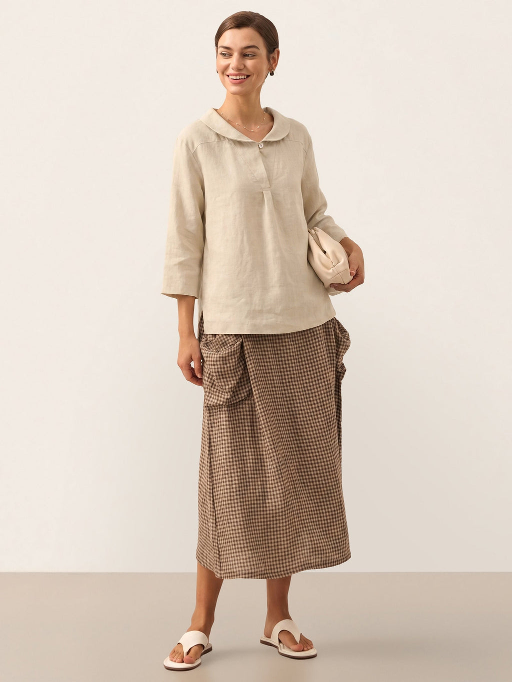 100% Linen Stripe Shawl V-Neck Half Sleeve Top JADE