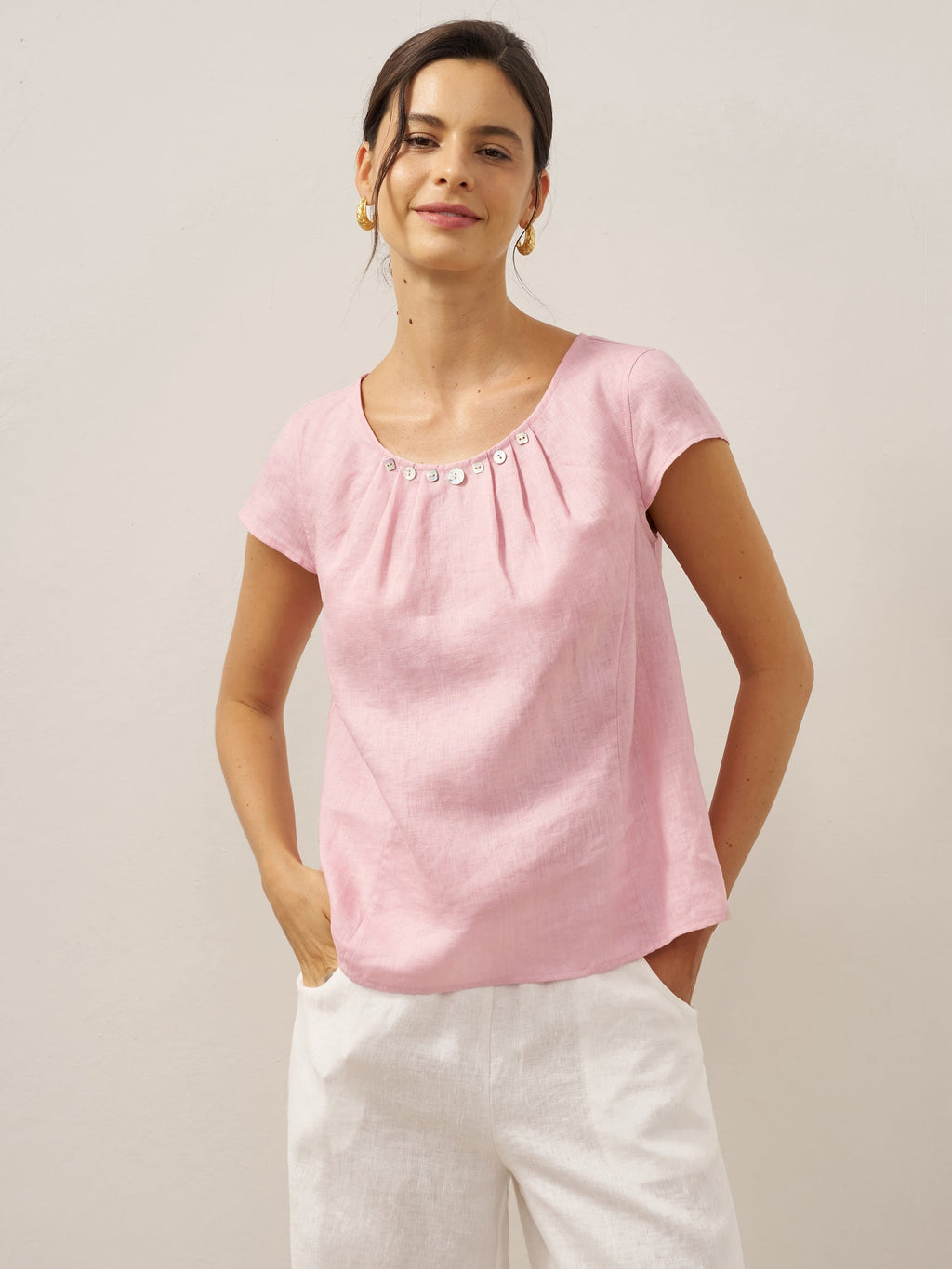 100% Linen Shell Button Pleated Crew Neck Top RENA