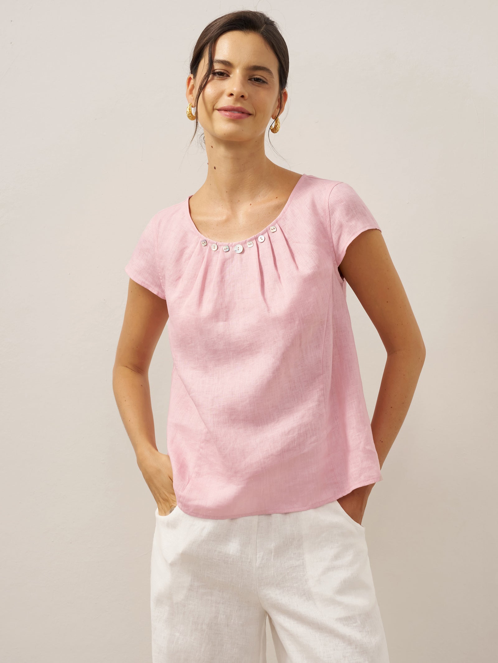 100% Linen Shell Button Pleated Crew Neck Top RENA