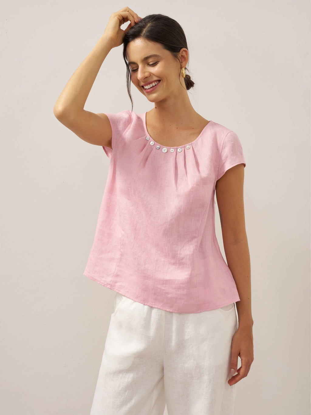 100% Linen Shell Button Pleated Crew Neck Top RENA