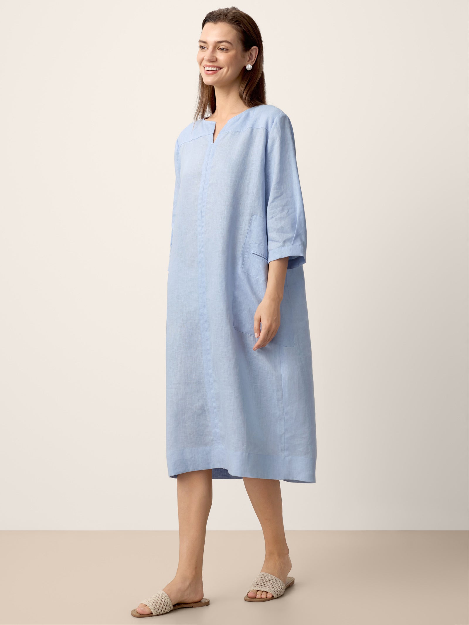 100% Linen Split-Neck Patch-Pocket Midi Dress KALINA