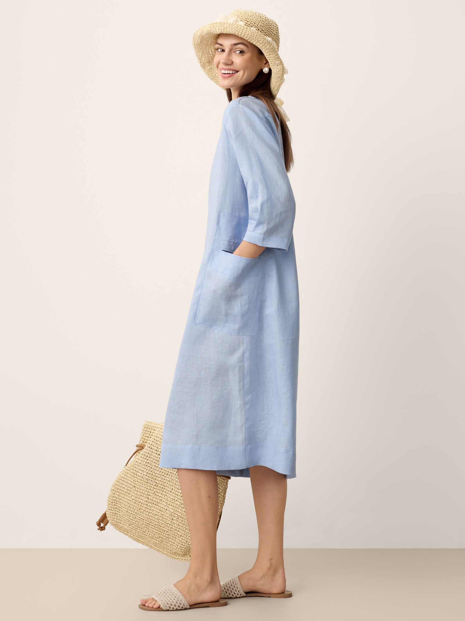 100% Linen Split-Neck Patch-Pocket Midi Dress KALINA