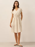 100% Linen Striped Elastic-Waist Midi Dress ARIA