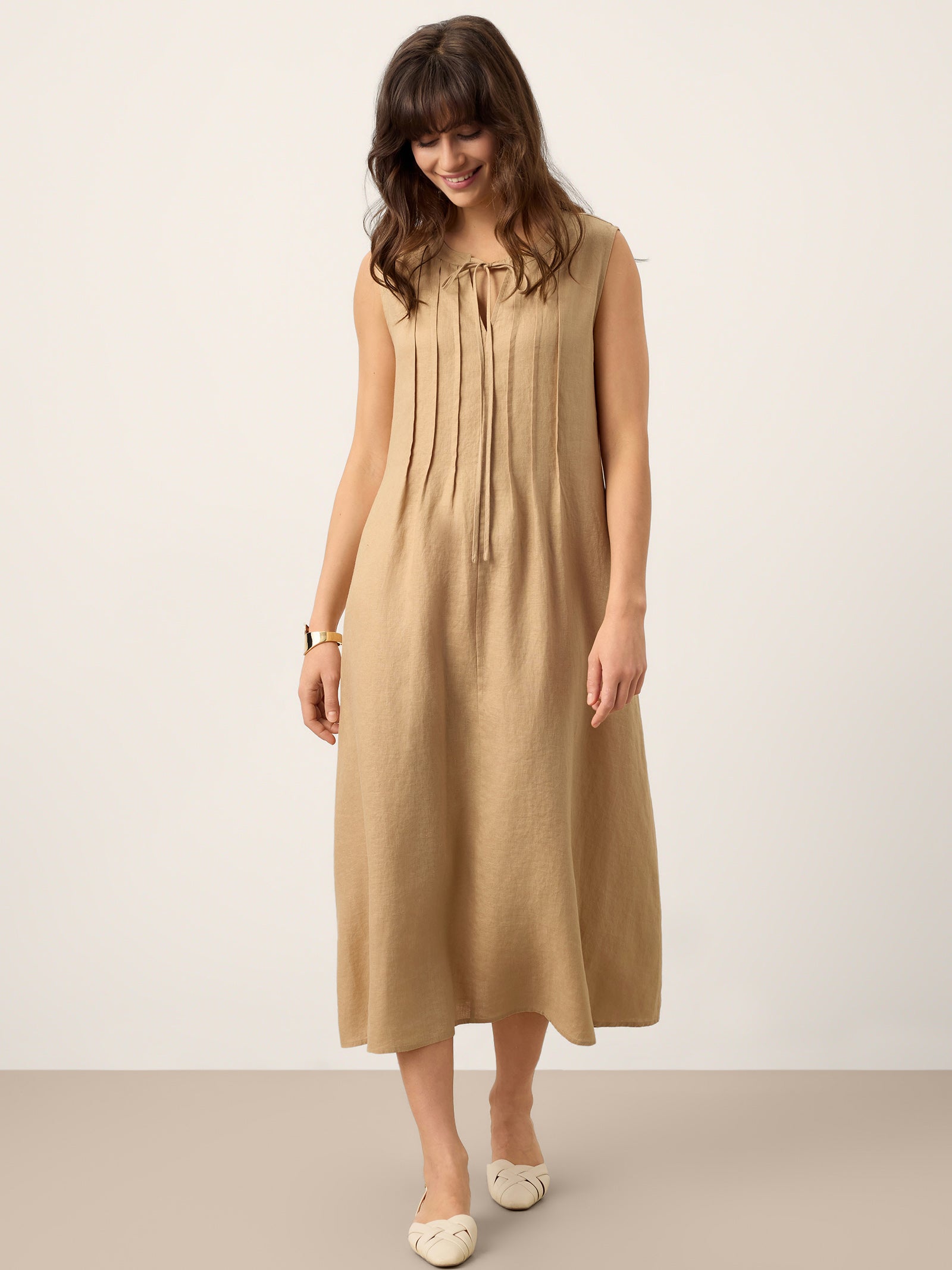 100% Linen Sleeveless Tie-Neck Pintucked Maxi Dress MILLICENT