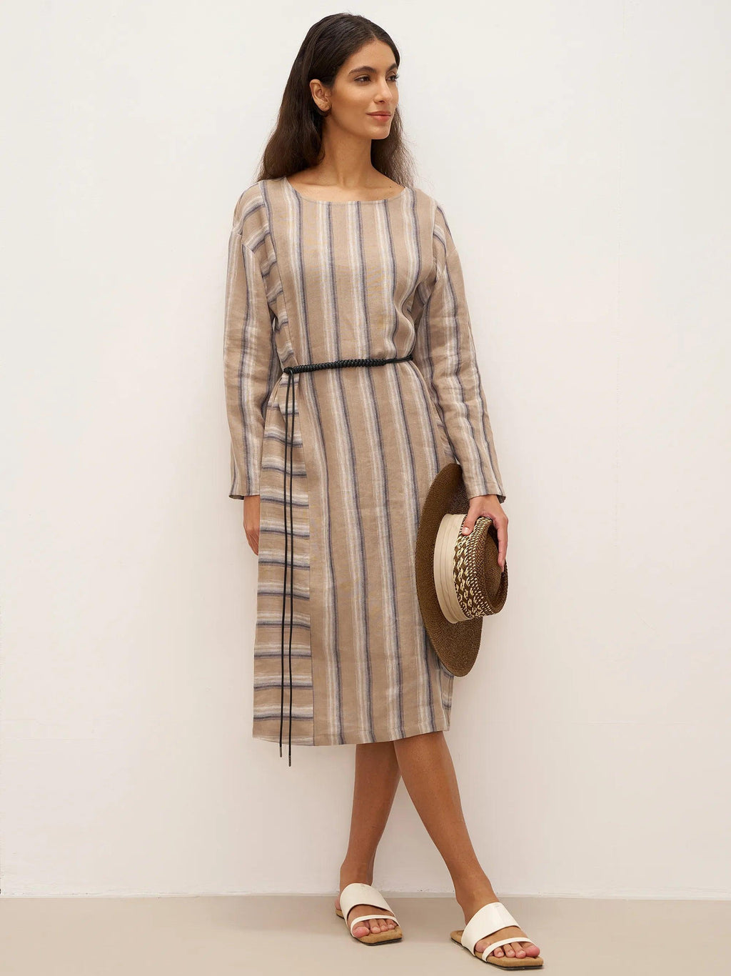 100% Linen Striped Crossweave Midi Dress ELSPETH