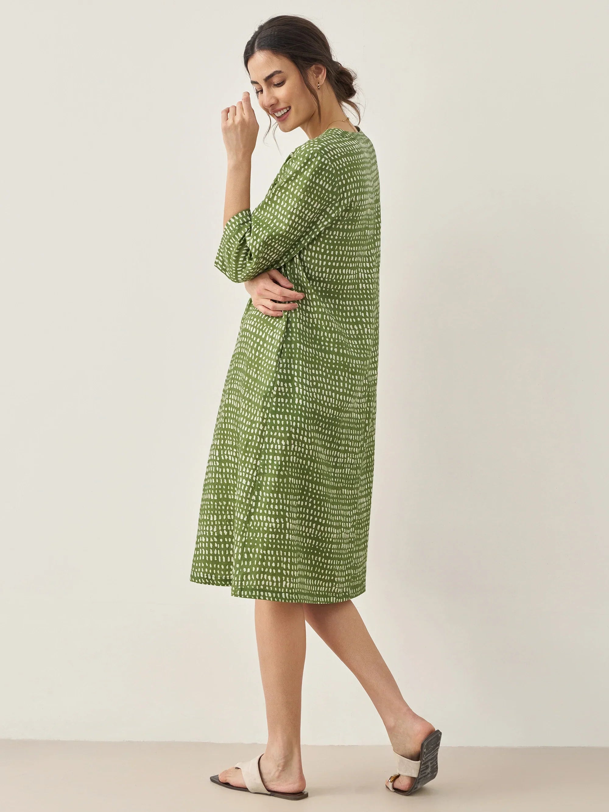 100% Linen V-Neck Dot Midi Dress LIRA