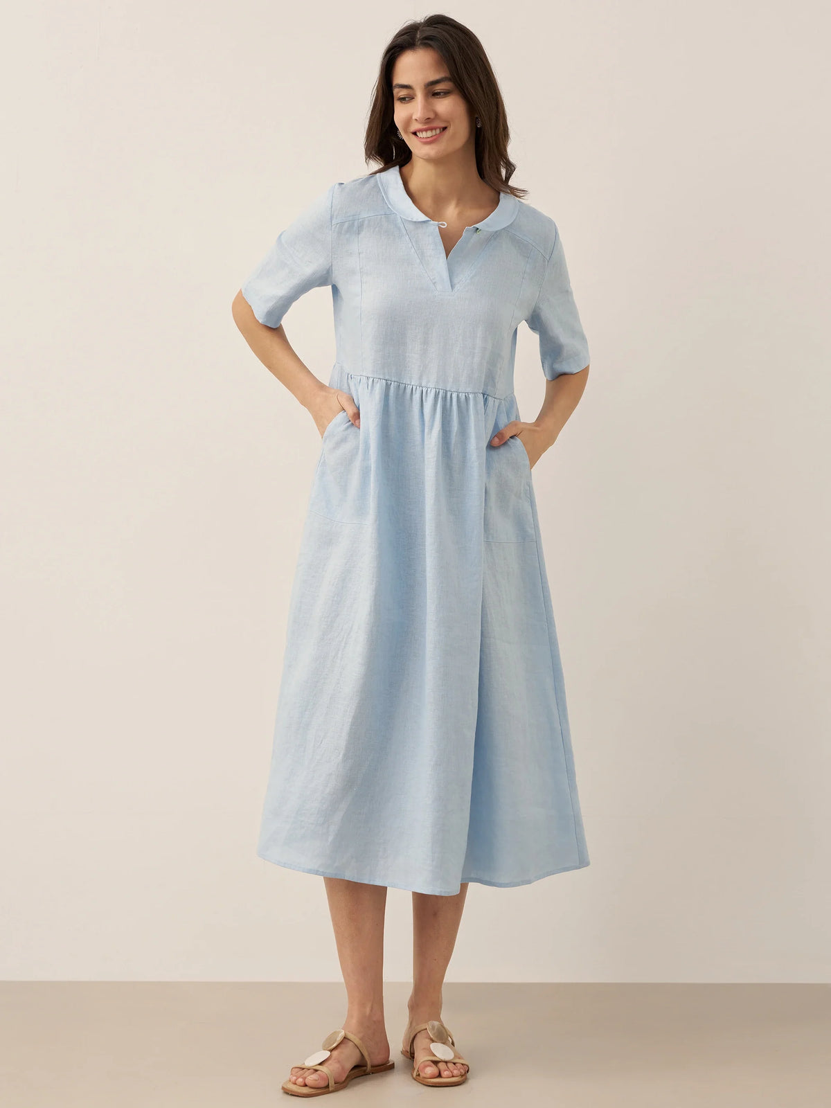 100% Linen Shawl V-Neck Pleated Maxi Dress SUSAN