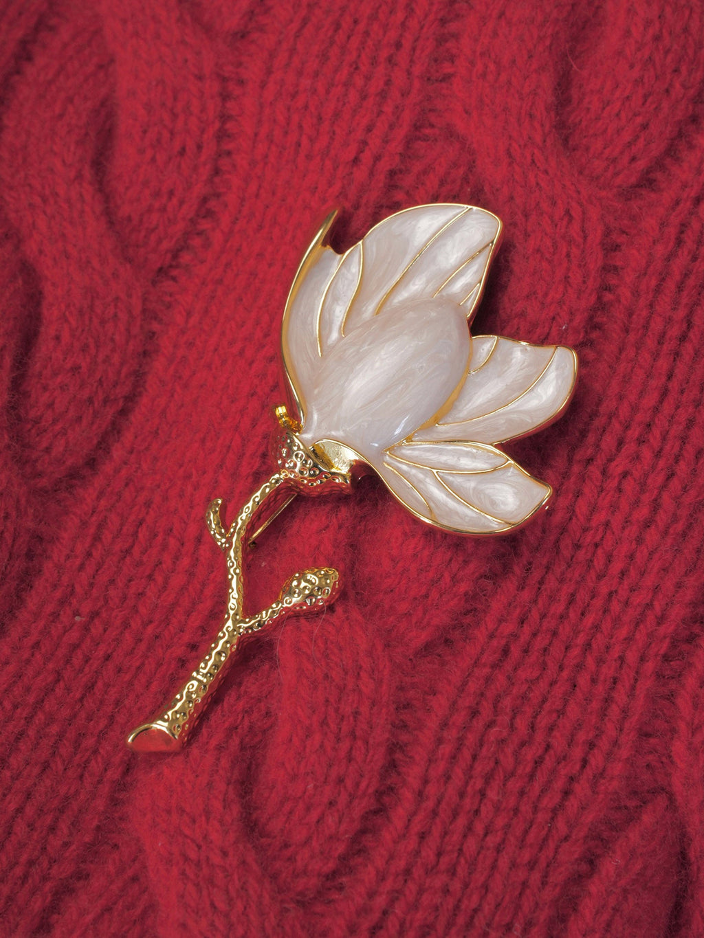 Enamel & Alloy Camellia Carved Brooch