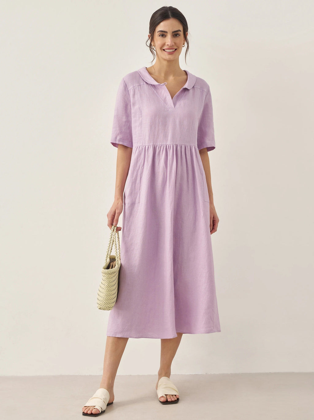 100% Linen Shawl V-Neck Pleated Maxi Dress SUSAN
