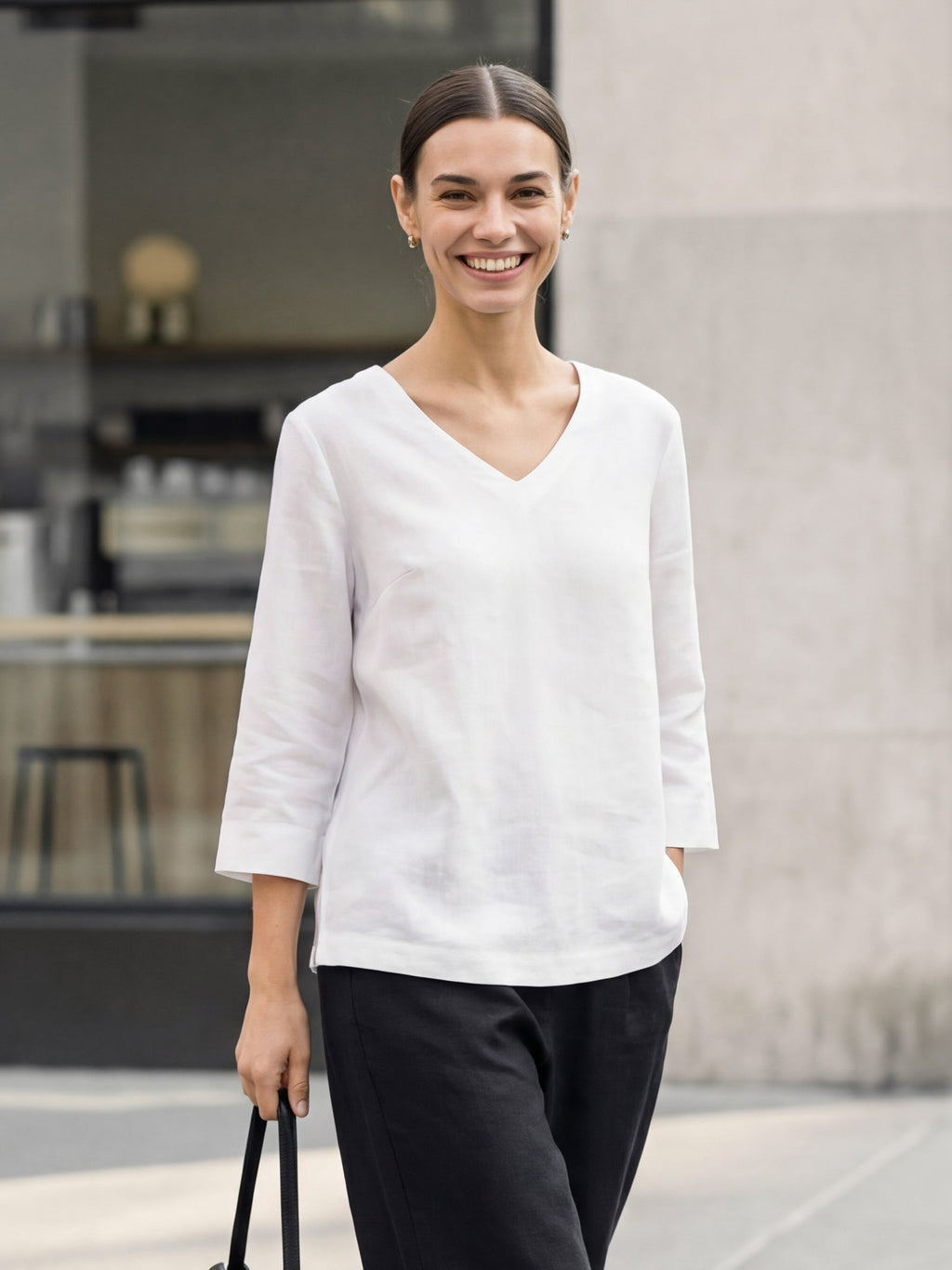 Linen-Lyocell V-Neck Button Detail Overtop ODETTE