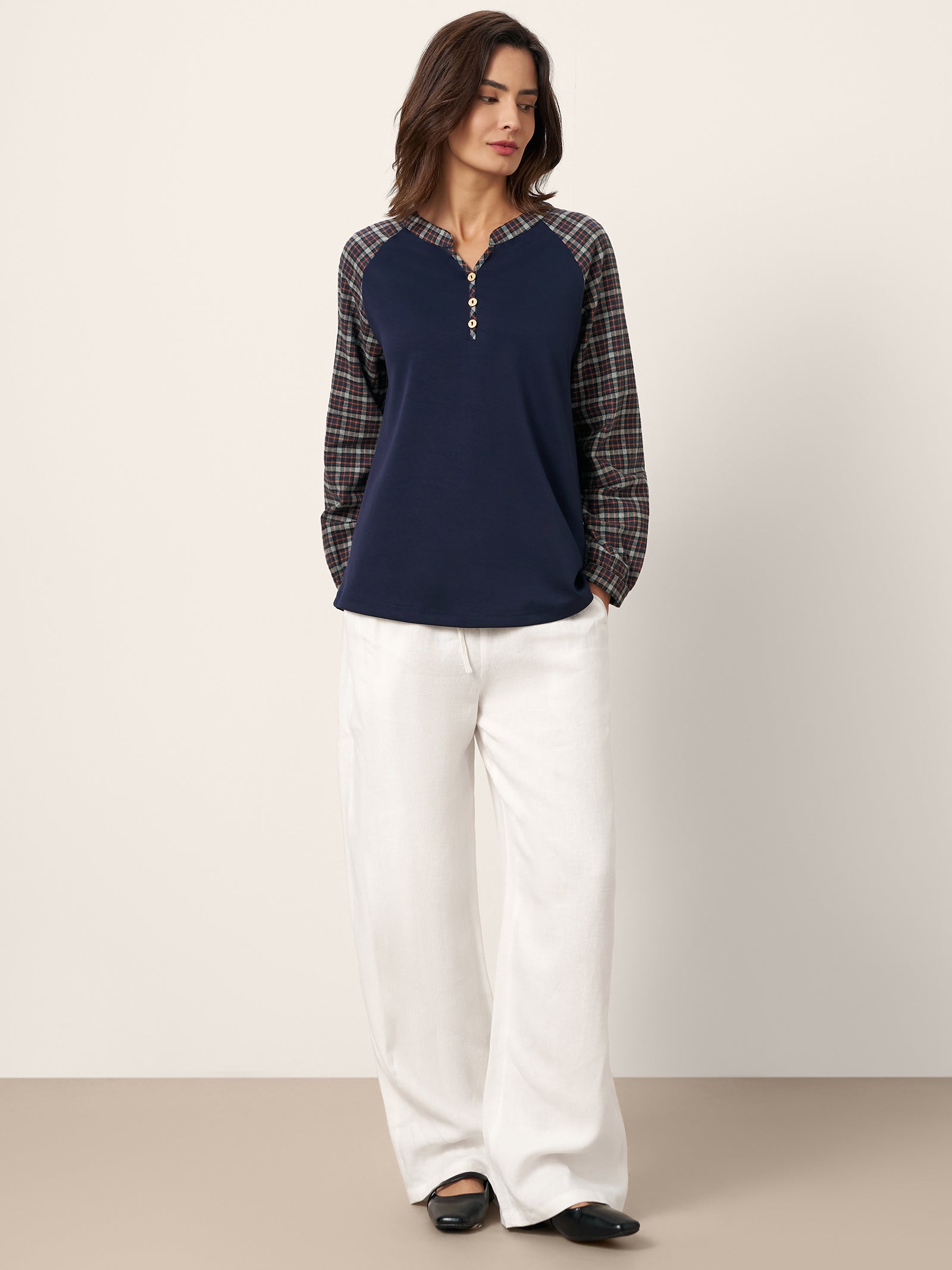 Cotton Contrast Collar Long Sleeve Top CARMEN