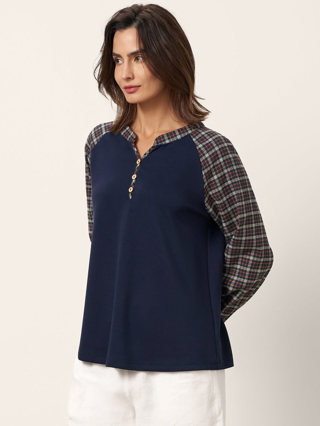Cotton Contrast Collar Long Sleeve Top CARMEN