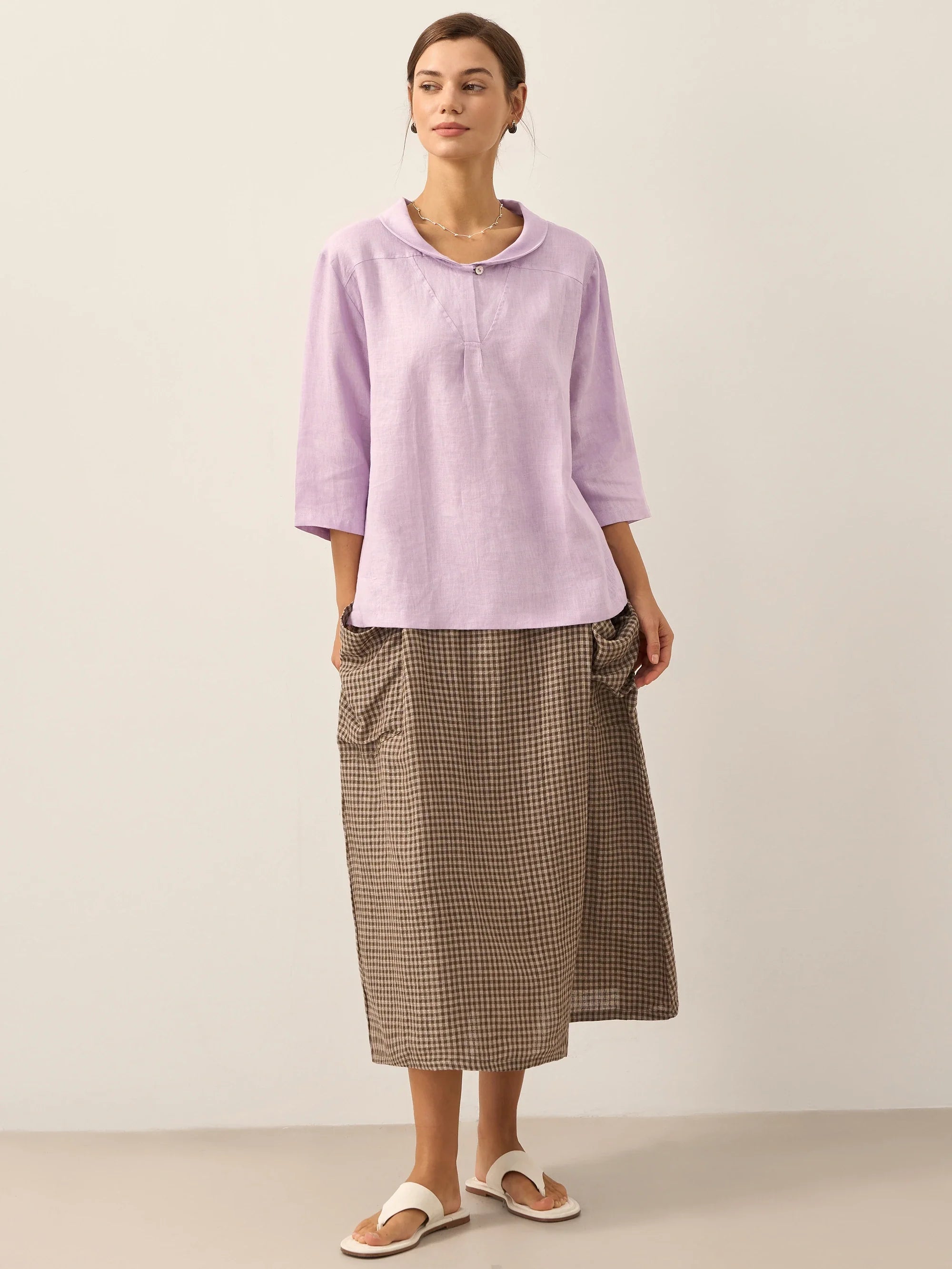 100% Linen Shawl V-Neck Half Sleeve Top JADE