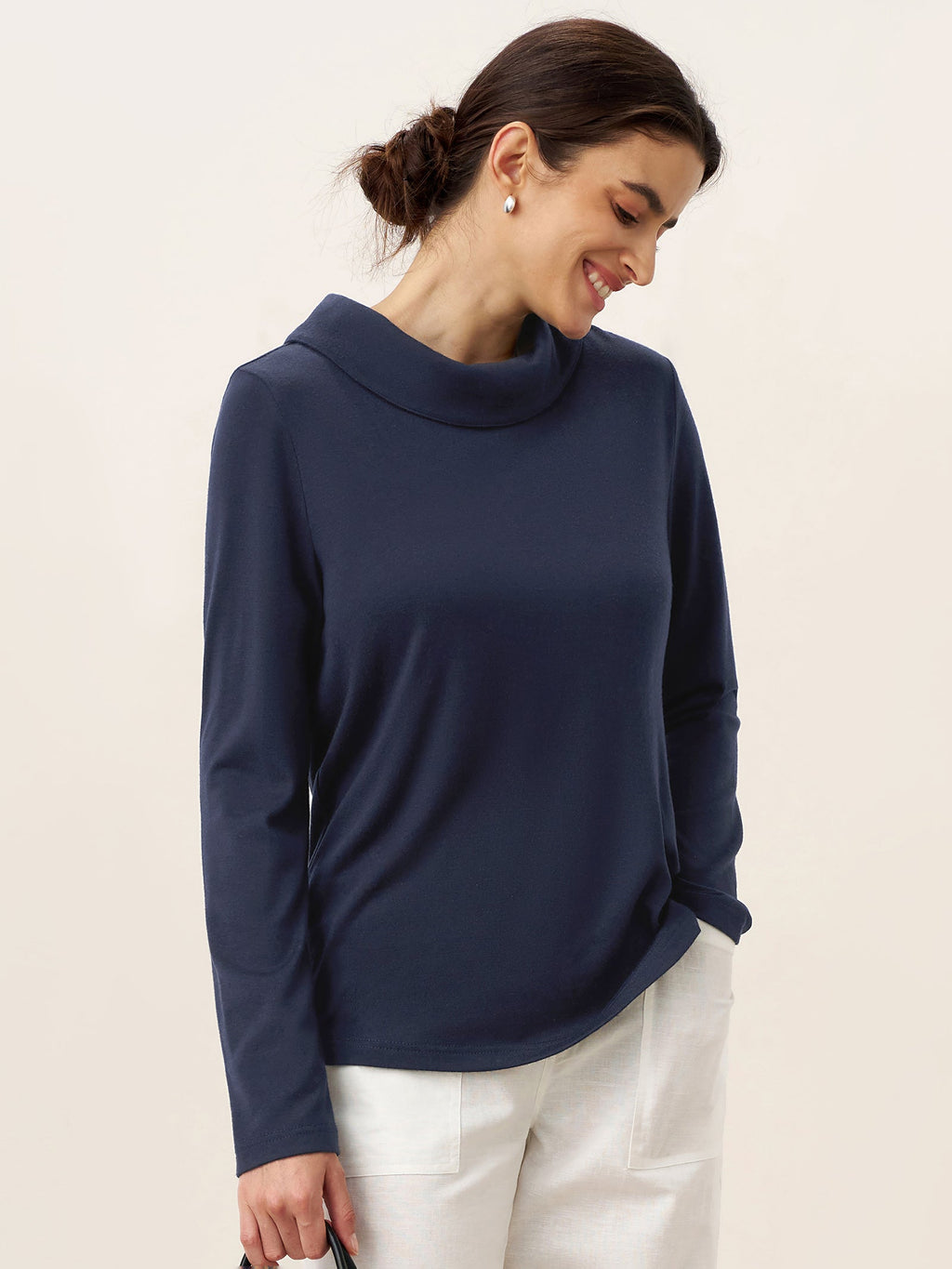 Bamboo Viscose Lapel Mock Neck Stretch Knit Top MARISOL