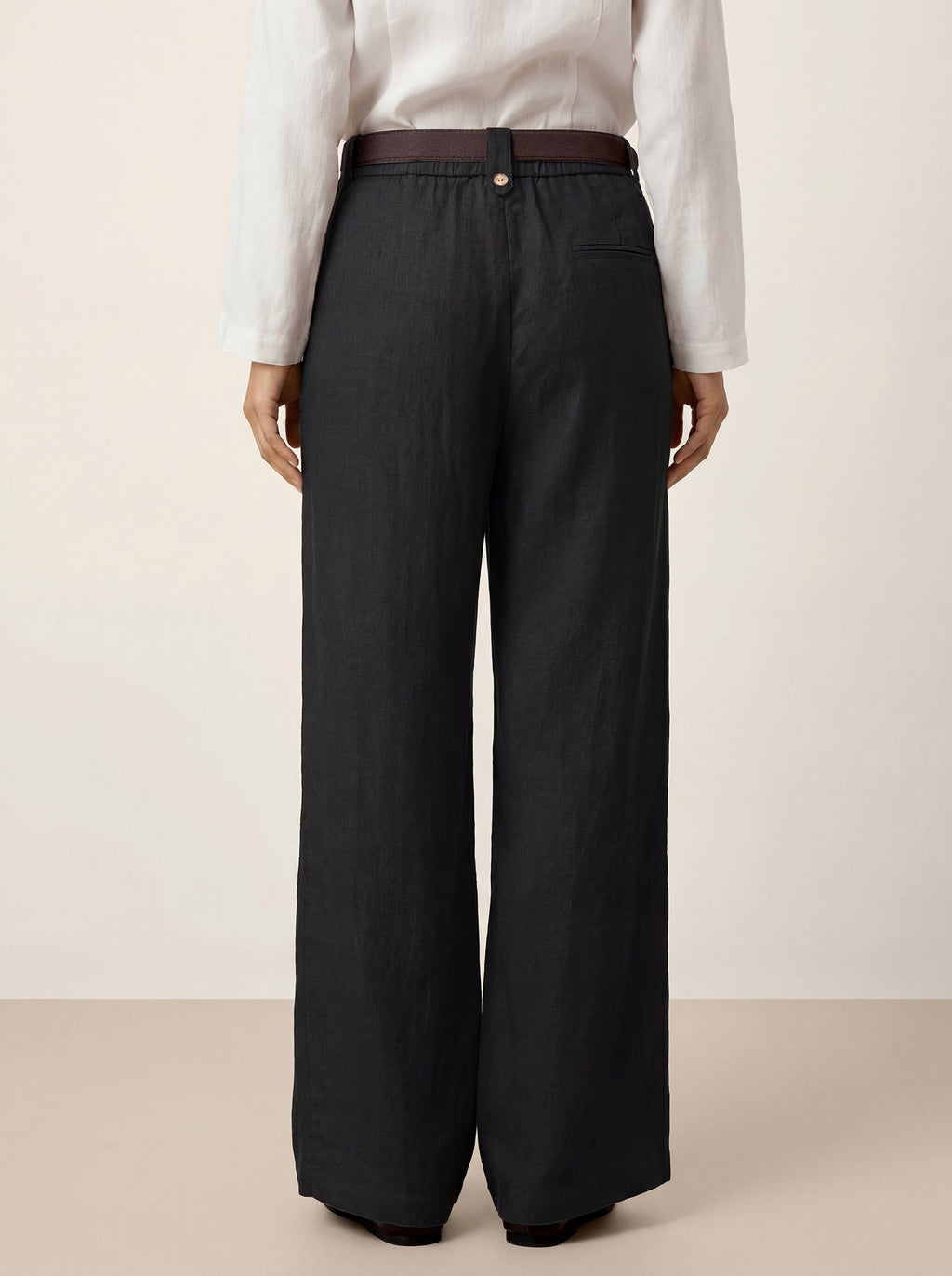 Linen-Lyocell Pleated Wide Leg Trousers with Back Elastic & Button Detail AISLING