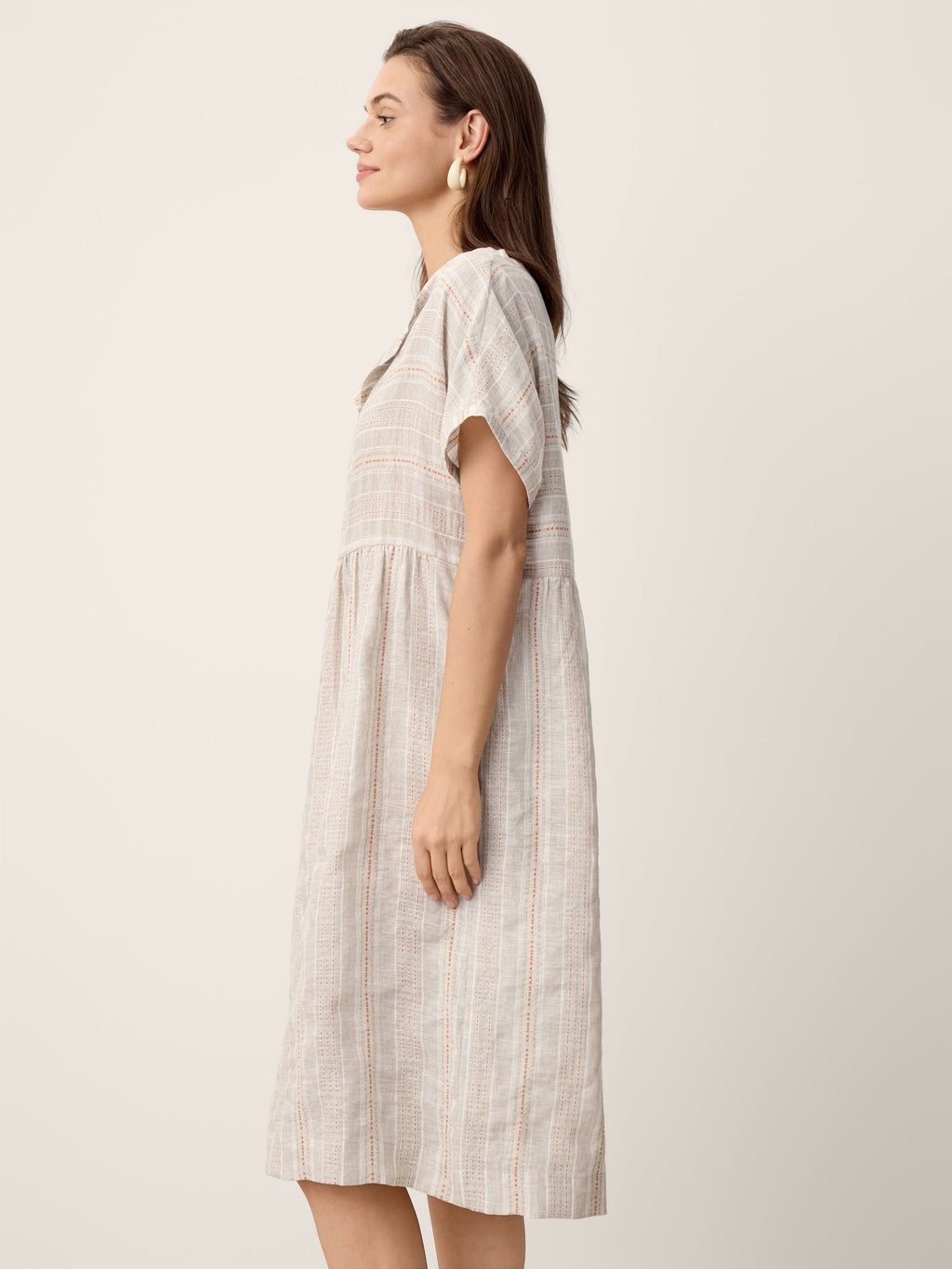 Linen Gathered-Hem Split-Neck Midi Dress SYDNEY