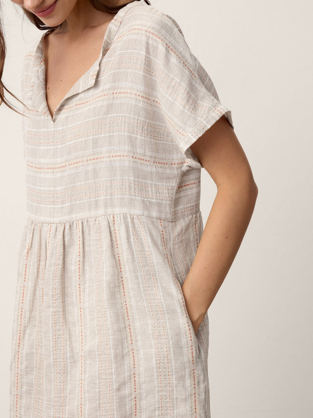 Linen Gathered-Hem Split-Neck Midi Dress SYDNEY
