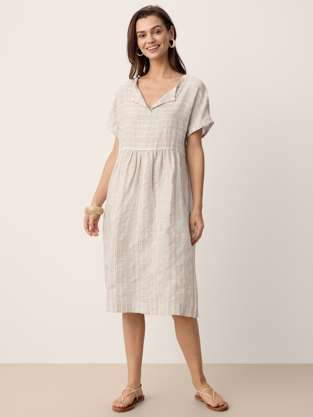 Linen Gathered-Hem Split-Neck Midi Dress SYDNEY