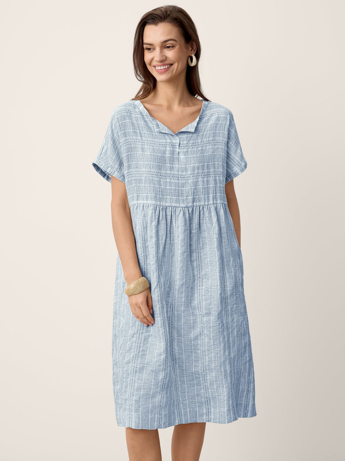Linen Gathered-Hem Split-Neck Midi Dress SYDNEY