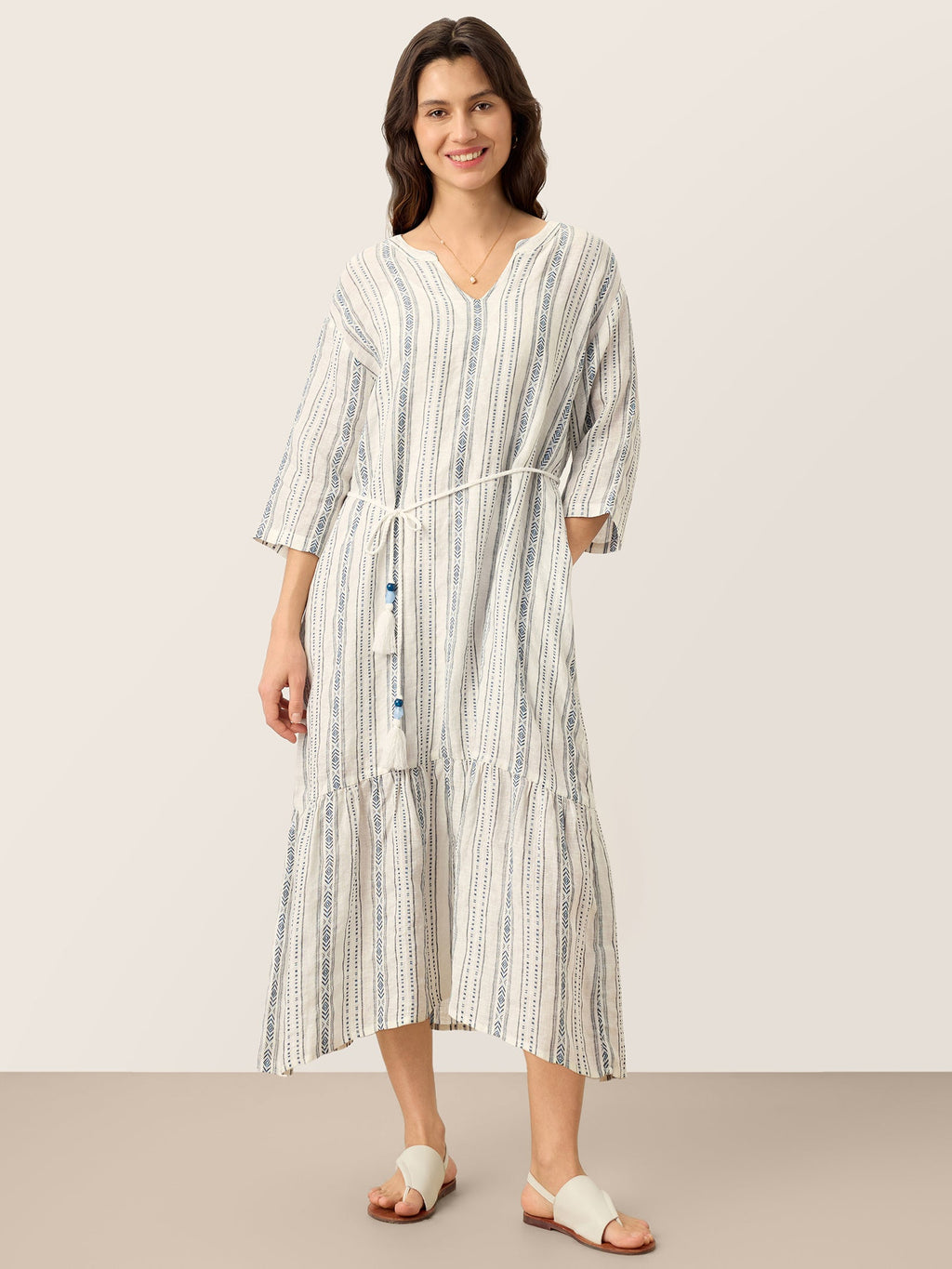 Linen Tribal Stripe Split Neck Bohemian Ruffle Maxi Dress with Woven Belt and Slip MARLOWE