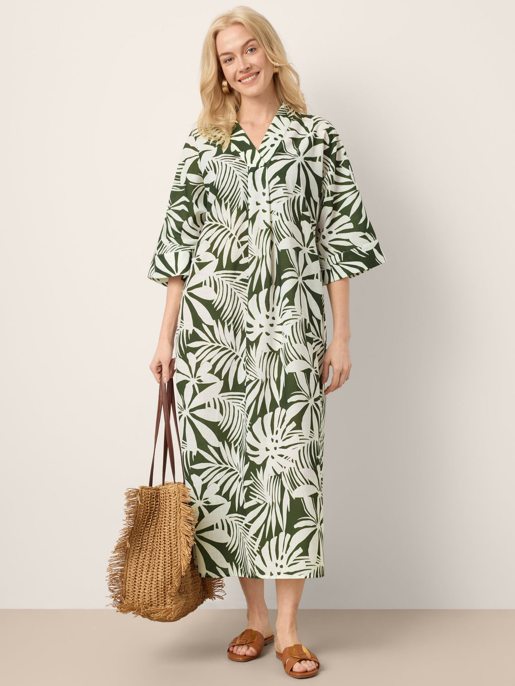 Linen Palm Print Camp Collar Relaxed Maxi Shirt Dress MINERVA