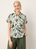 Linen Palm Print Drawstring Waist Cuffed Sleeve Shirt HILDEGARD