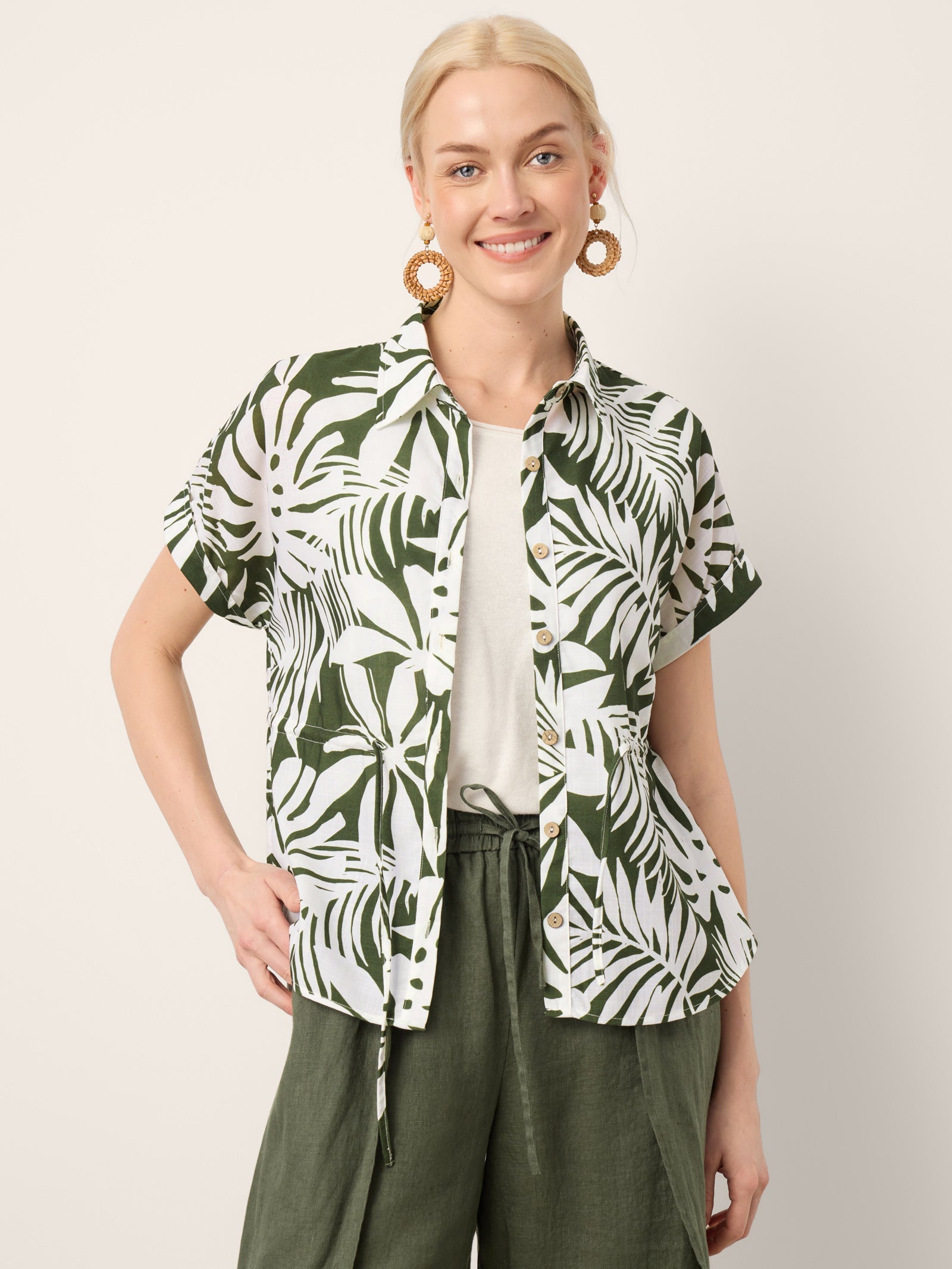 Linen Palm Print Drawstring Waist Cuffed Sleeve Shirt HILDEGARD