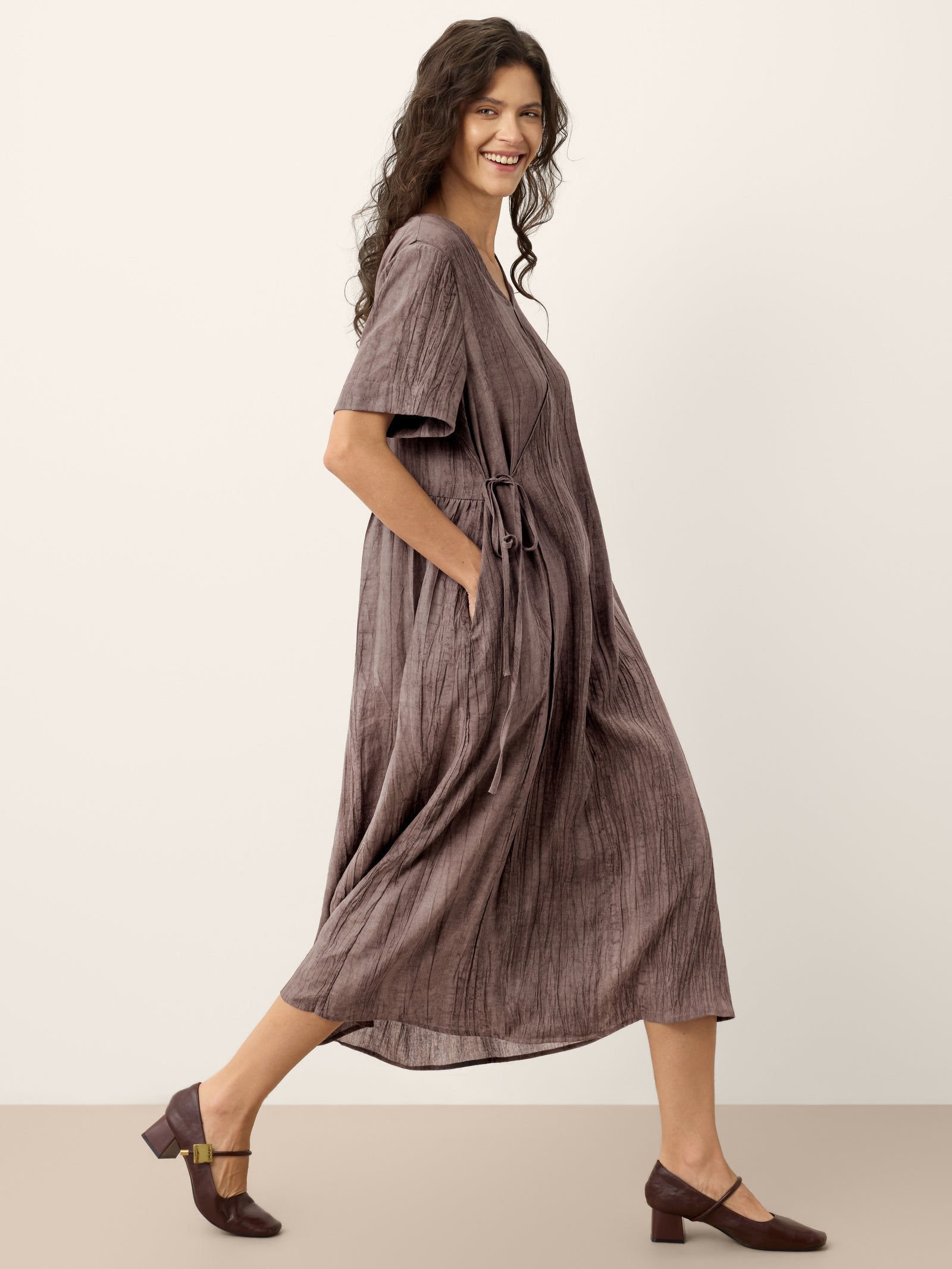 Lyocell Textured V Neck Tie Waist Maxi Dress SUSANNA