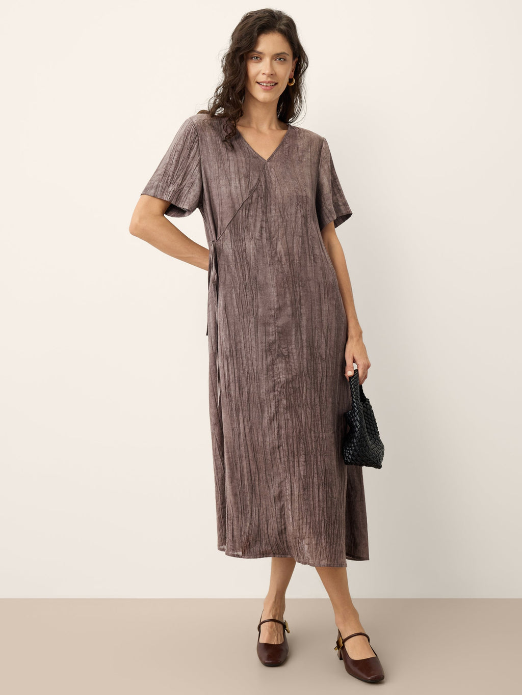 Lyocell Textured V Neck Tie Waist Maxi Dress SUSANNA