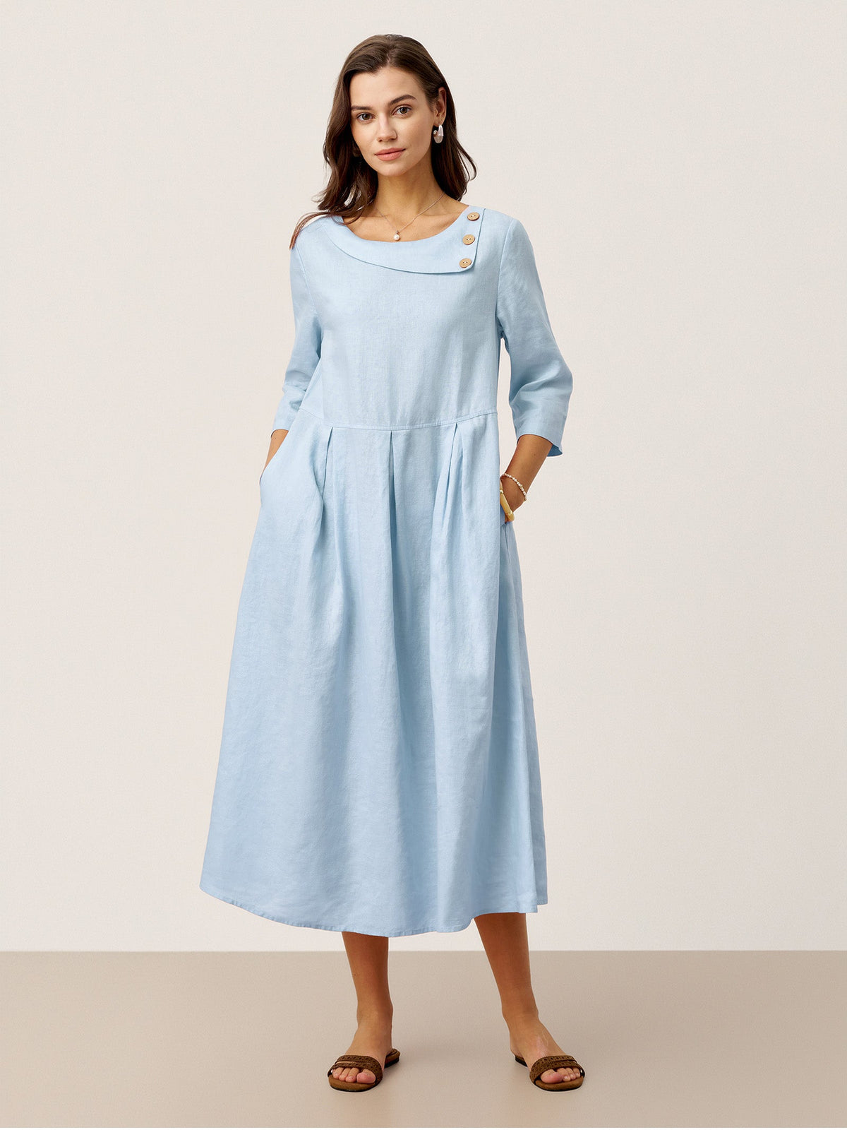 100% Linen Crescent Neck Decorative Button Waist Pleated Maxi Dress GWENYTH